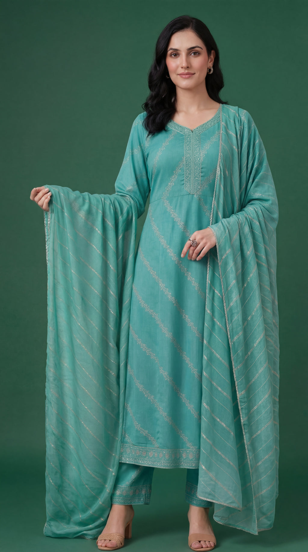 Sea Green Silver Embroidered Salwar Suit Set with Dupatta for Women | Designer Ethnic Kurta Salwar Dupatta Set Festive Wedding Wear