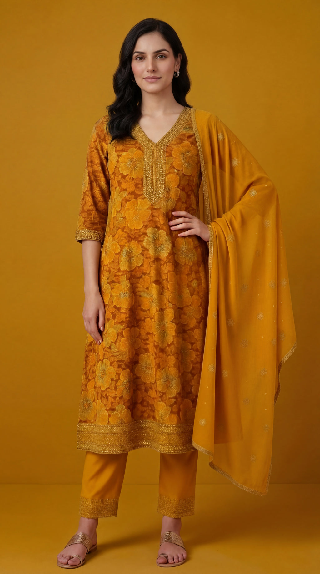 Mustard Yellow Floral Embroidered Cotton Silk Salwar Suit Set for Women with Dupatta | Designer Ethnic Kurta Salwar Dupatta Set | Festive & Wedding Wear