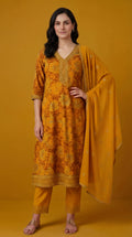 Mustard Yellow Floral Embroidered Cotton Silk Salwar Suit Set for Women with Dupatta | Designer Ethnic Kurta Salwar Dupatta Set | Festive & Wedding Wear