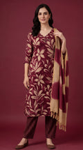 Maroon Floral Printed Cotton Silk Salwar Suit Set for Women with Dupatta | Designer Ethnic Kurta Salwar Dupatta Set | Festive & Casual Wear