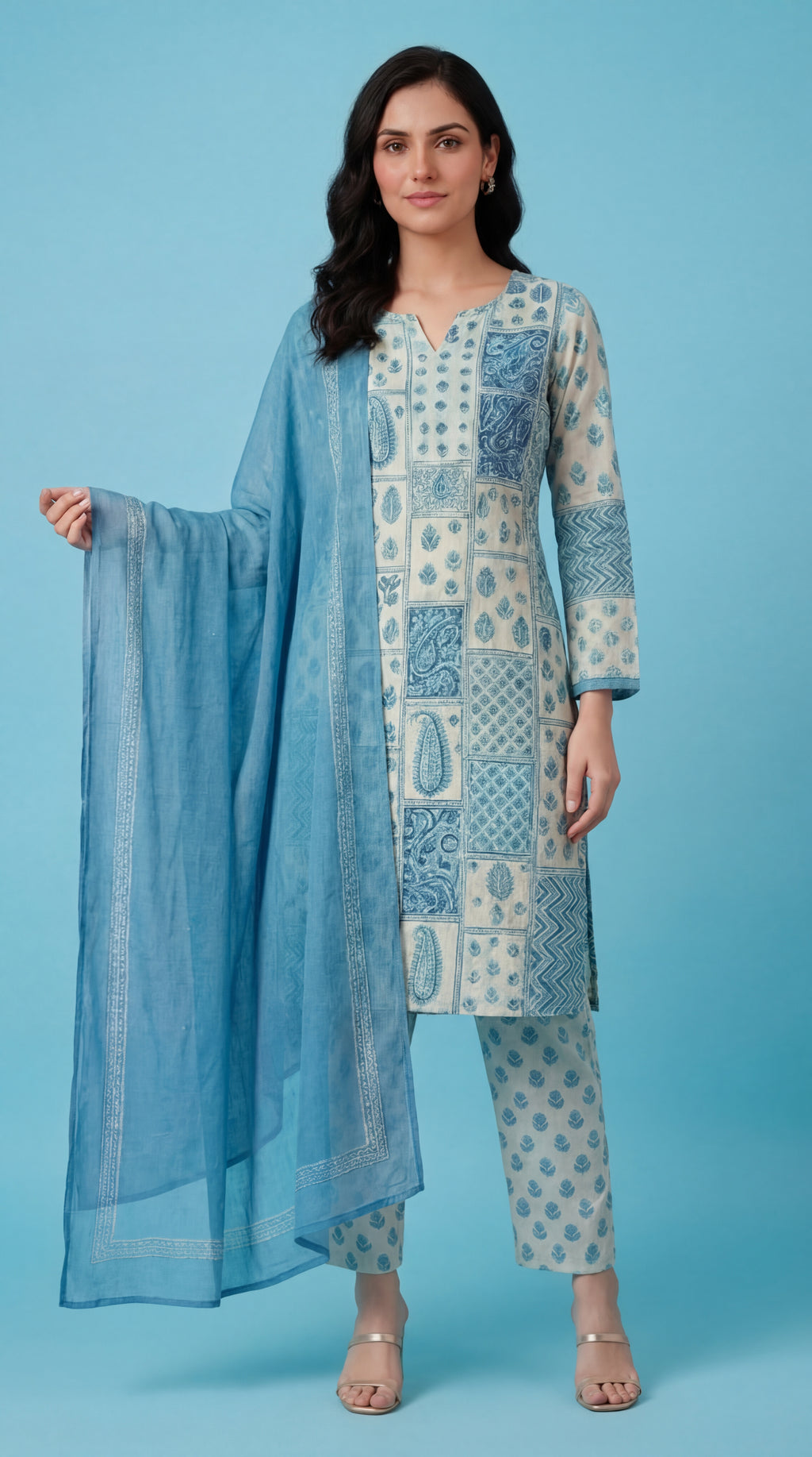 Blue Printed Cotton Silk Salwar Suit Set for Women with Dupatta | Designer Ethnic Kurta Salwar Dupatta Set | Traditional Indian Wear