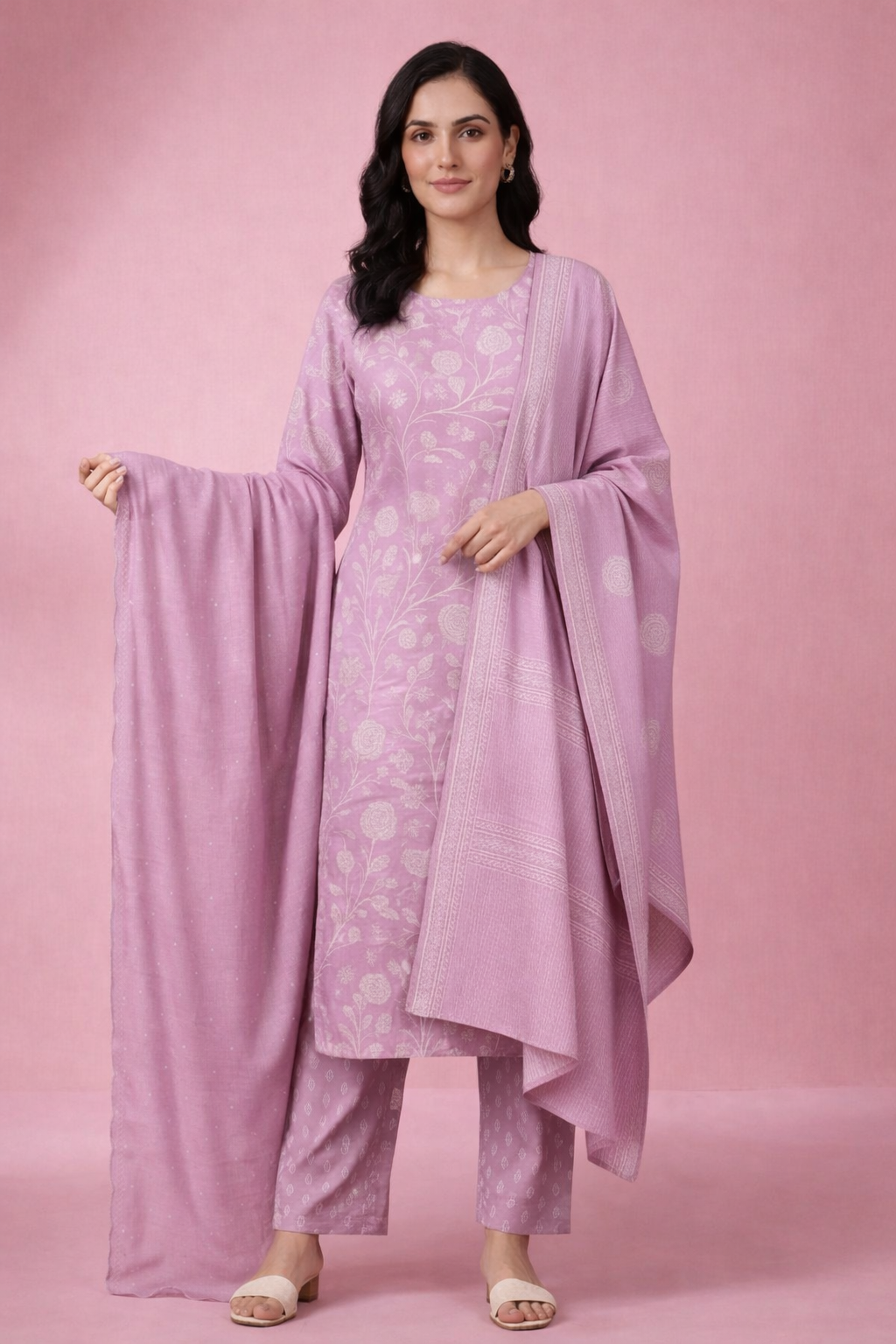 Pink Floral Printed Cotton Silk Salwar Suit Set for Women with Dupatta | Designer Ethnic Kurta Salwar Dupatta Set | Embroidered Traditional Indian Festive Wear Suit