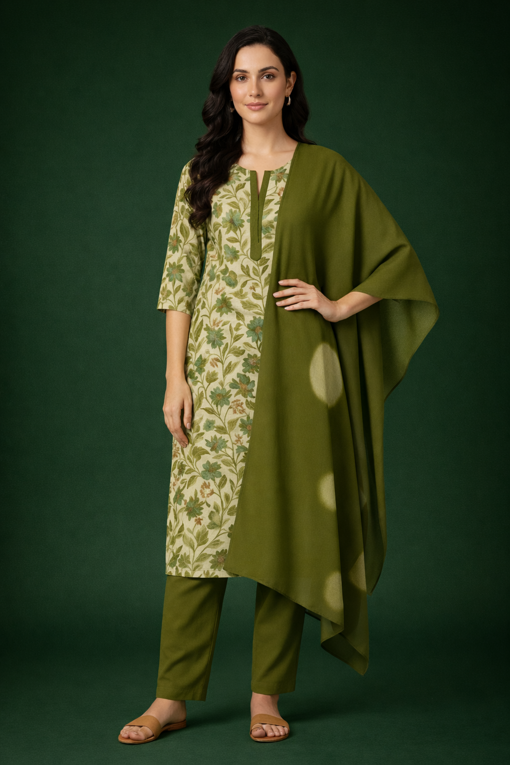 Olive Green Floral Printed Cotton Silk Salwar Suit Set for Women with Dupatta | Designer Ethnic Kurta Salwar Dupatta Set | Traditional Indian Wear