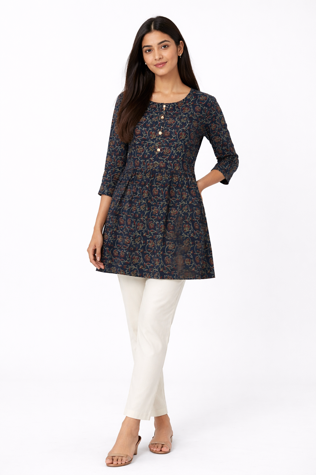 Navy Blue Floral Printed Peplum Short Kurti for Women | Stylish Casual Ethnic Top | Trendy Daily Wear Kurti