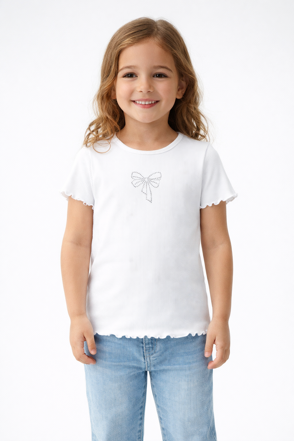 Girls White Ribbed Cotton T-Shirt | Cute Bow Design Casual Top for Kids | Soft Half Sleeve Everyday Wear