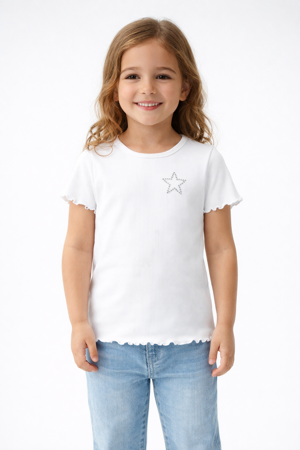 Girls White Ribbed Cotton T-Shirt with Star Design | Cute Half Sleeve Casual Top for Kids