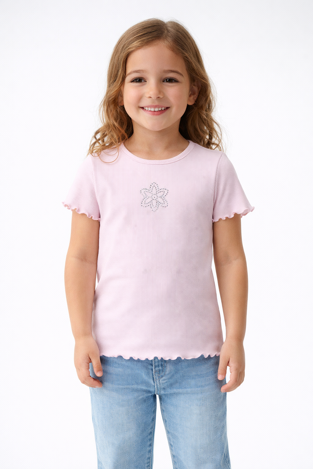 Girls Light Pink Ribbed Cotton T-Shirt | Cute Half Sleeve Casual Top for Kids | Soft & Comfortable Everyday Wear