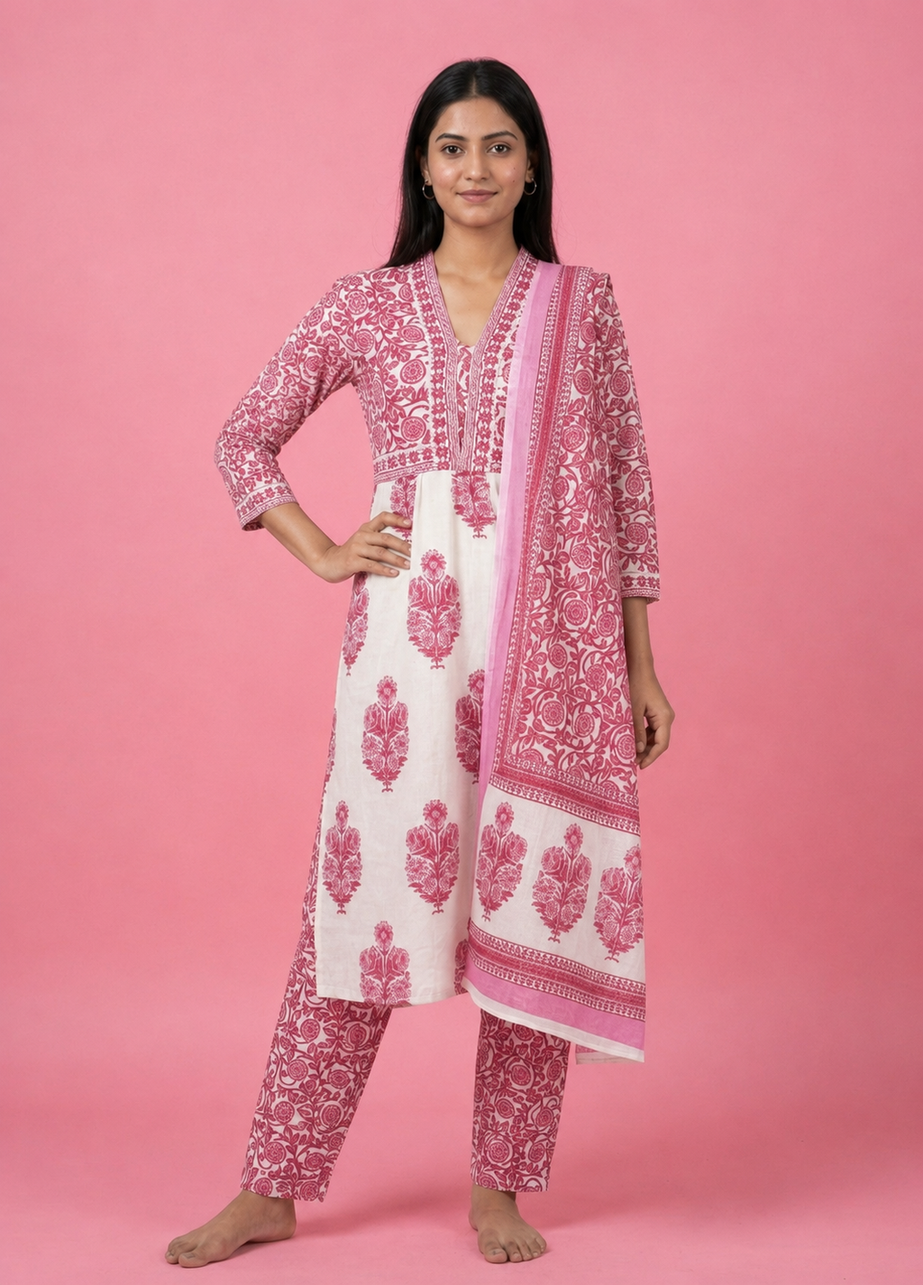 Pink Floral Printed Cotton Silk Salwar Suit Set for Women with Dupatta | Designer Ethnic Kurta Salwar Dupatta Set | Traditional Indian Wear