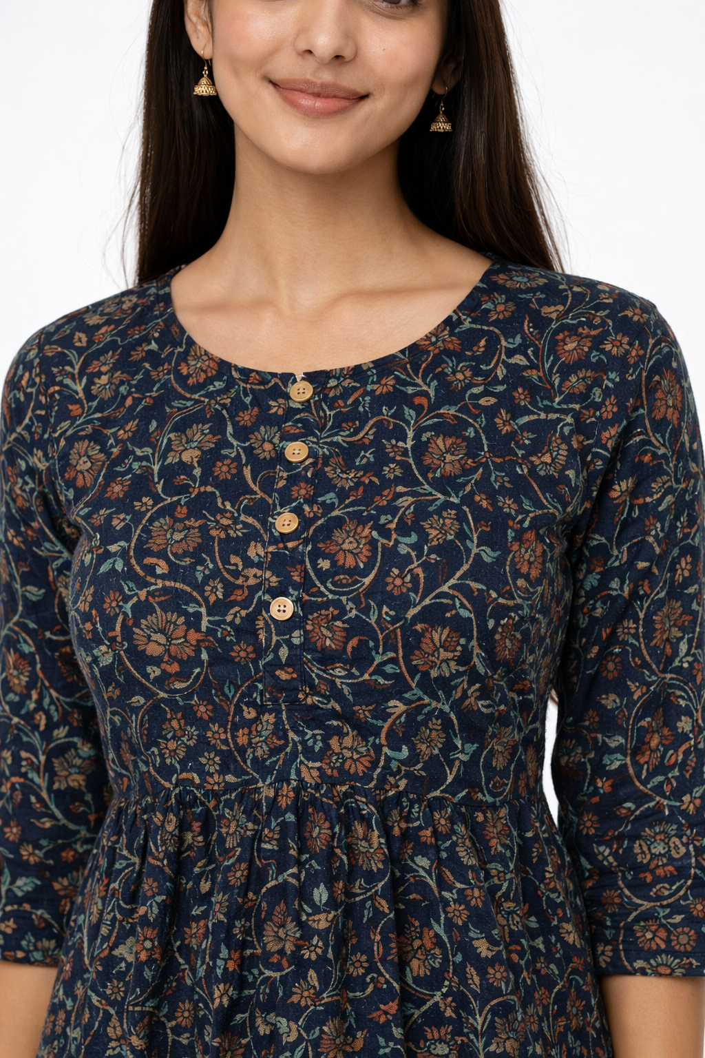 Navy Blue Floral Printed Peplum Short Kurti for Women | Stylish Casual Ethnic Top | Trendy Daily Wear Kurti