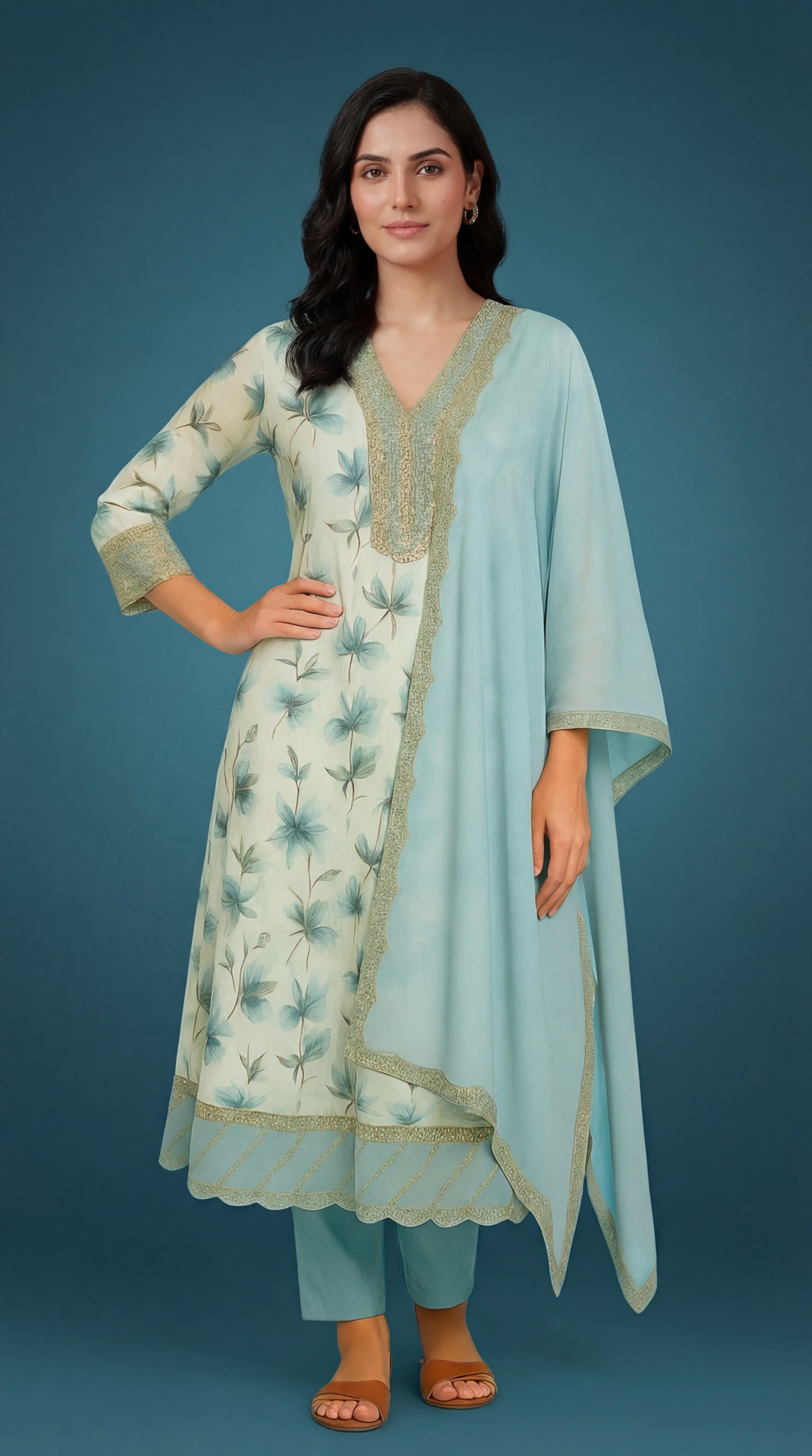 Sky Blue Floral Printed Cotton Silk Salwar Suit Set with Dupatta for Women | Designer Embroidered Ethnic Wear Kurta Salwar Dupatta Set