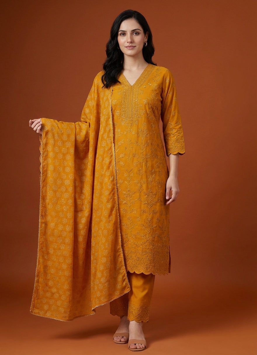 Mustard Yellow Embroidered Salwar Suit Set with Dupatta for Women | Designer Ethnic Salwar Kameez Set | Festive Wear Traditional Indian Suit