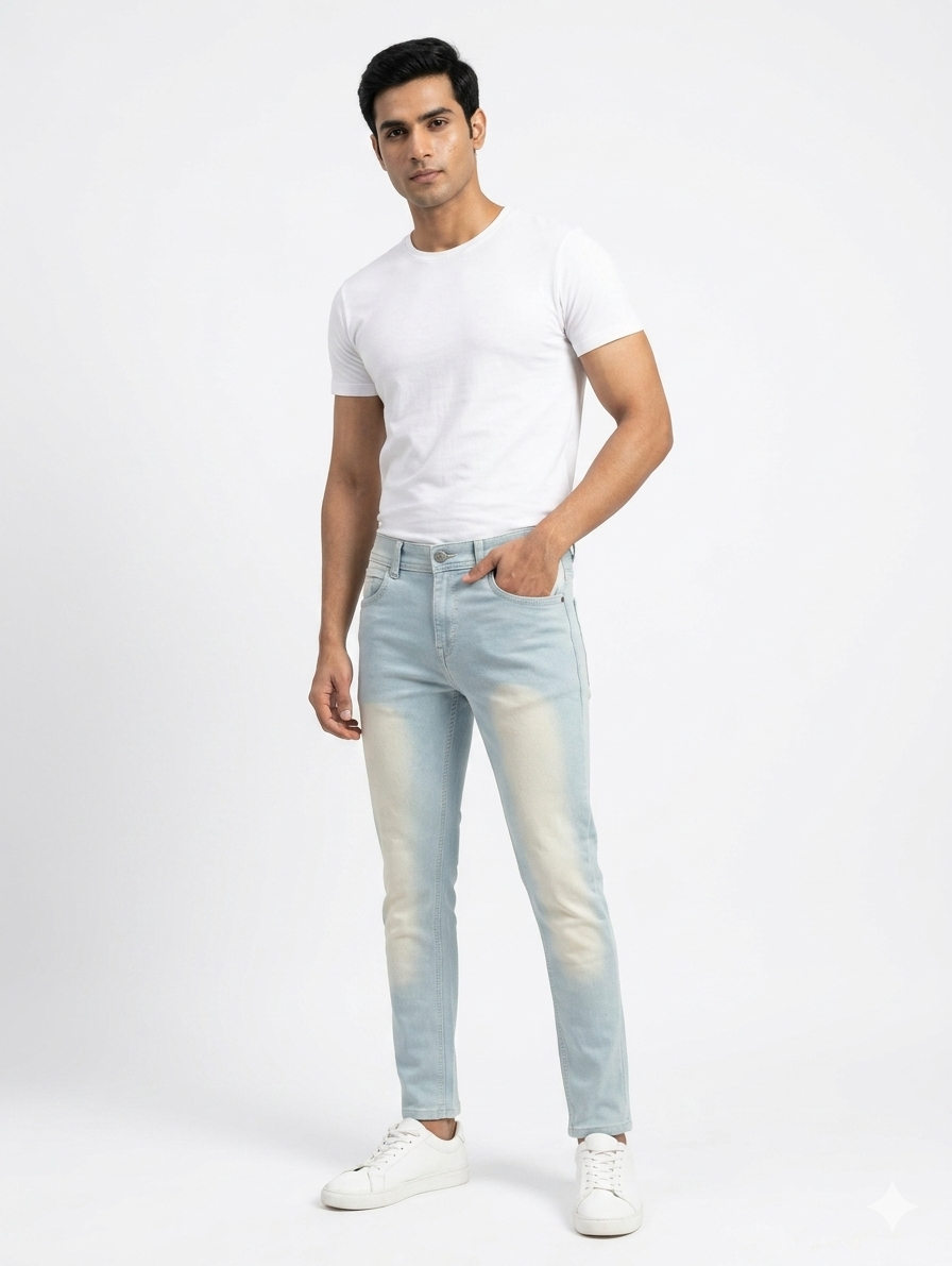 Men's Light Blue Skinny Fit Jeans | Premium Washed Stretch Denim Jeans for Men | Casual Slim Fit Fashion Jeans
