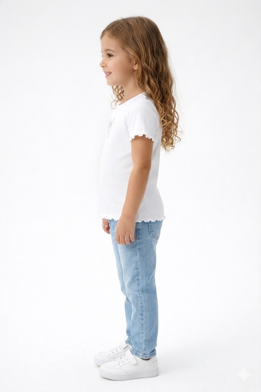 Girls White Ribbed Cotton T-Shirt with Star Design | Cute Half Sleeve Casual Top for Kids