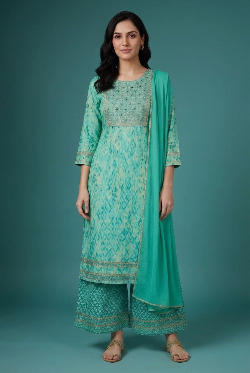 Sea Green Printed & Embroidered Salwar Suit Set with Dupatta for Women | Designer Ethnic Salwar Kameez Set | Festive Traditional Indian Wear
