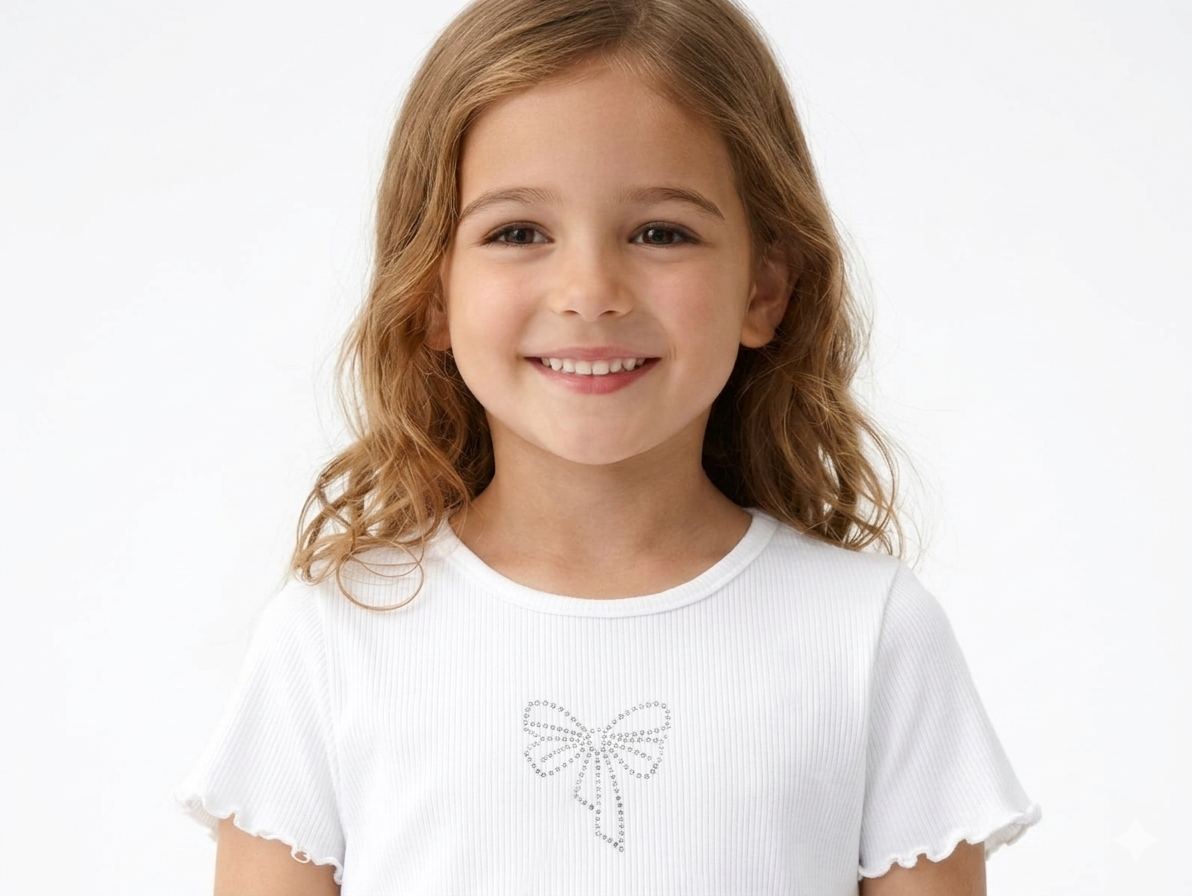 Girls White Ribbed Cotton T-Shirt | Cute Bow Design Casual Top for Kids | Soft Half Sleeve Everyday Wear