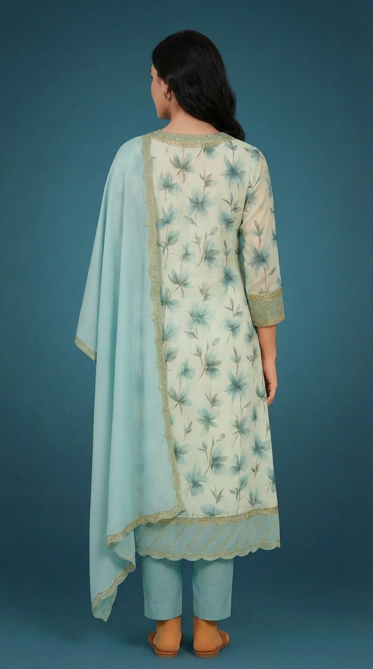 Sky Blue Floral Printed Cotton Silk Salwar Suit Set with Dupatta for Women | Designer Embroidered Ethnic Wear Kurta Salwar Dupatta Set