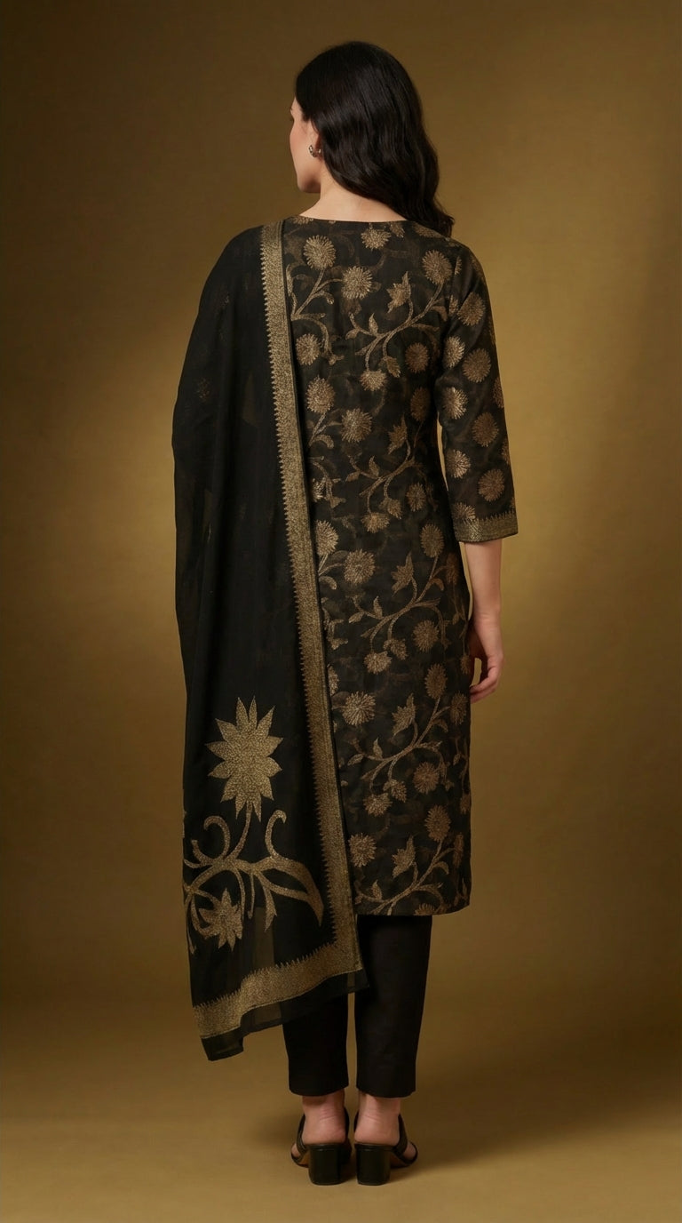 Black Gold Embroidered Cotton Silk Salwar Suit Set with Dupatta for Women | Designer Ethnic Kurta Salwar Dupatta Set Festive & Wedding Wear