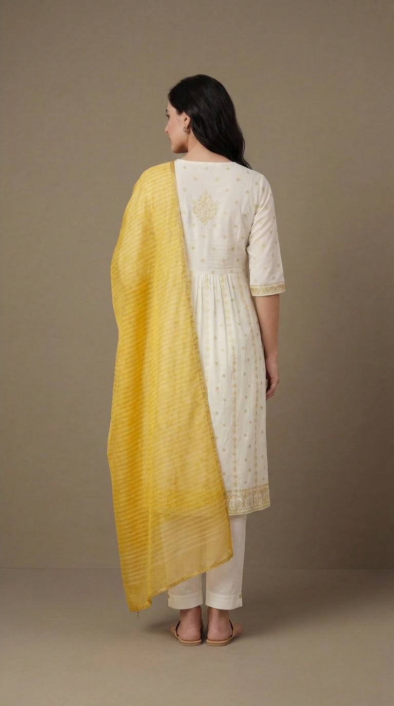 White & Yellow Embroidered Cotton Silk Salwar Suit Set with Dupatta for Women | Designer Ethnic Kurta Salwar Dupatta Set Festive Wear
