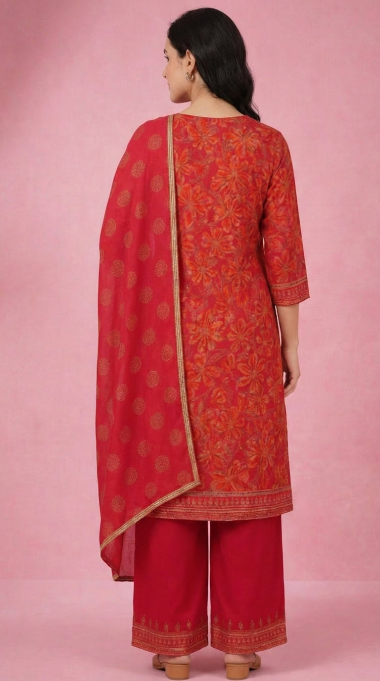 Red Embroidered Salwar Suit Set with Dupatta for Women | Designer Ethnic Kurta Salwar Dupatta Set Festive & Wedding Wear