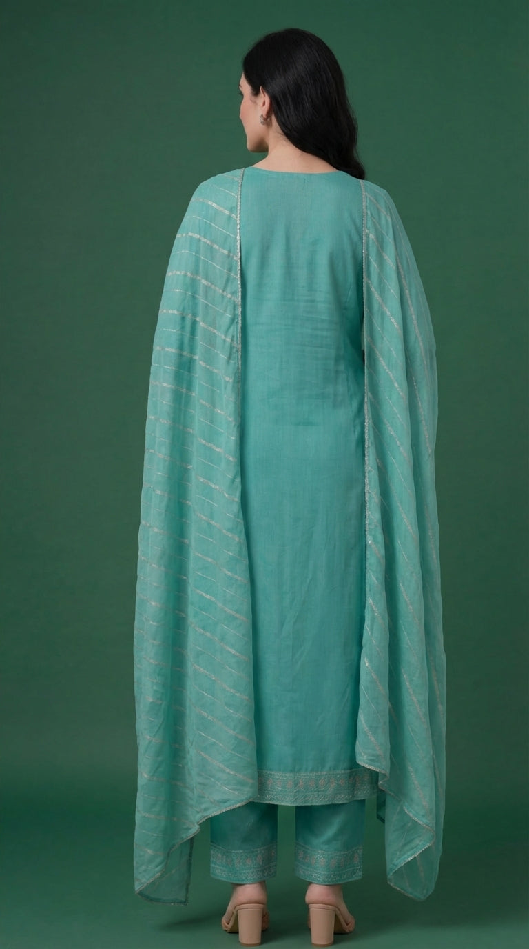 Sea Green Silver Embroidered Salwar Suit Set with Dupatta for Women | Designer Ethnic Kurta Salwar Dupatta Set Festive Wedding Wear