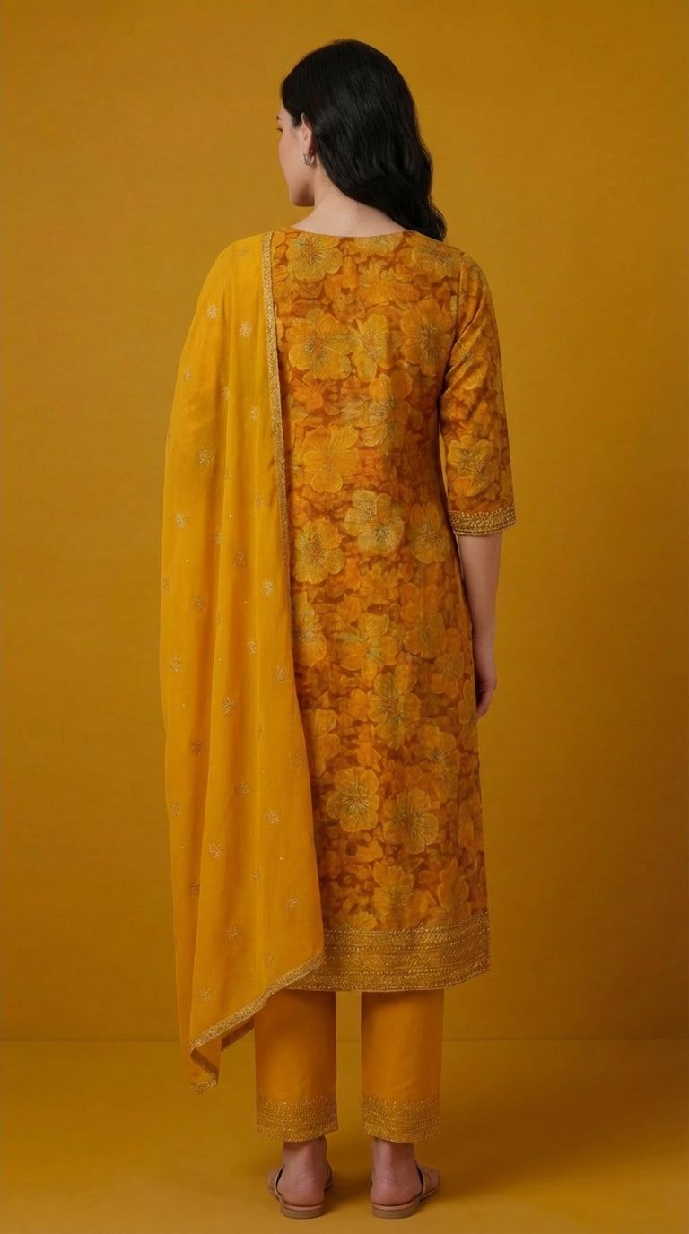 Mustard Yellow Floral Embroidered Cotton Silk Salwar Suit Set for Women with Dupatta | Designer Ethnic Kurta Salwar Dupatta Set | Festive & Wedding Wear