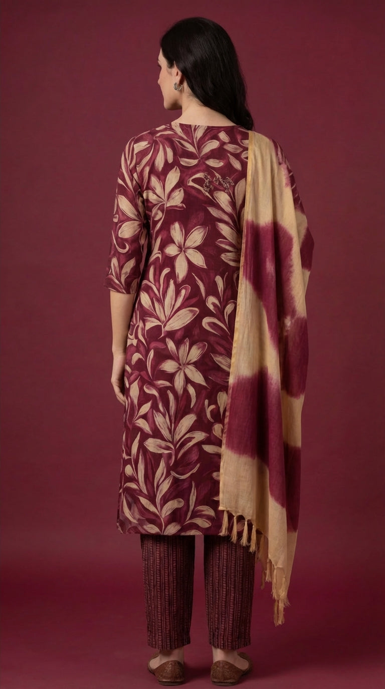 Maroon Floral Printed Cotton Silk Salwar Suit Set for Women with Dupatta | Designer Ethnic Kurta Salwar Dupatta Set | Festive & Casual Wear