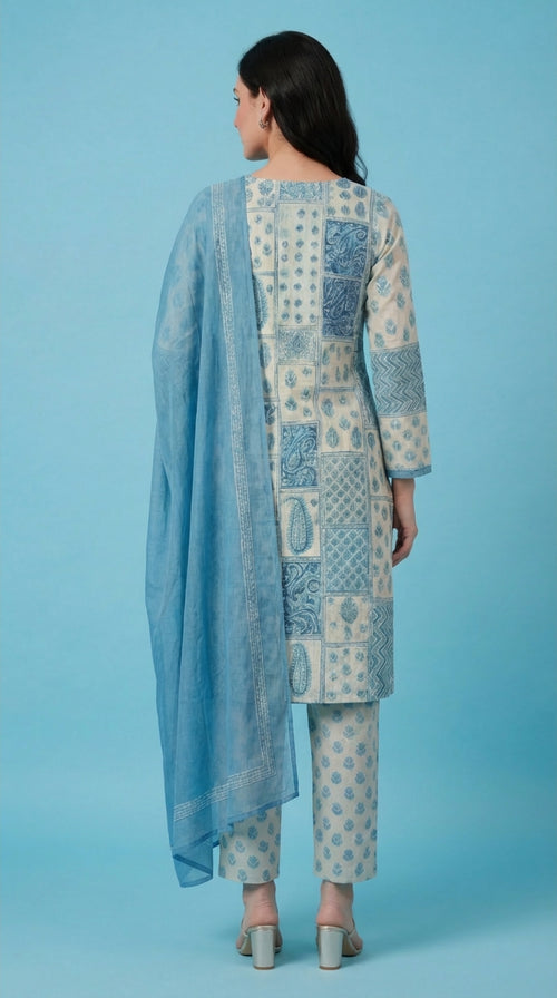 Blue Printed Cotton Silk Salwar Suit Set for Women with Dupatta | Designer Ethnic Kurta Salwar Dupatta Set | Traditional Indian Wear
