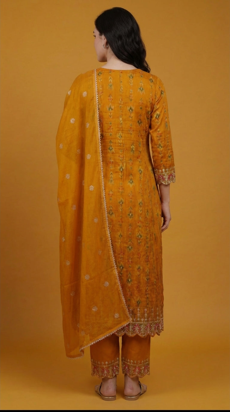 Mustard Yellow Embroidered Cotton Silk Salwar Suit Set for Women with Dupatta | Designer Ethnic Kurta Salwar Dupatta Set | Festive Wear