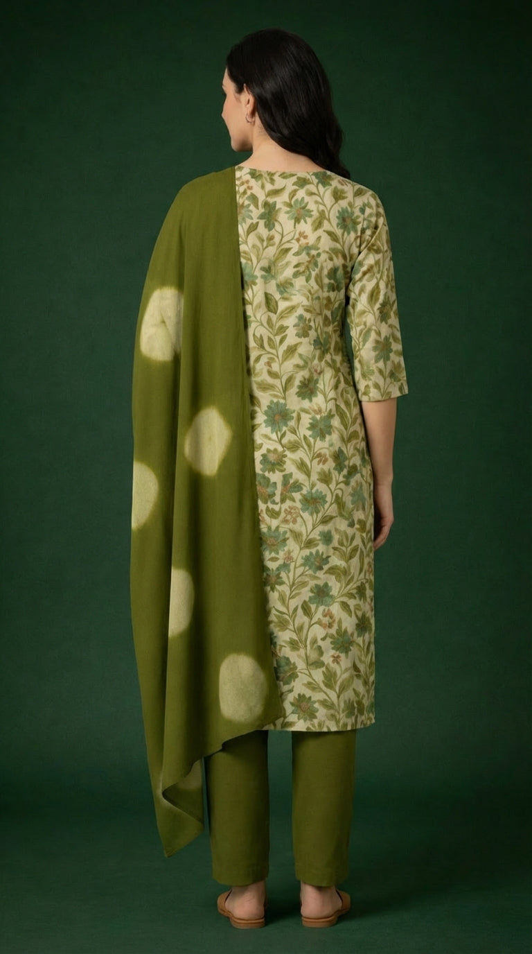 Olive Green Floral Printed Cotton Silk Salwar Suit Set for Women with Dupatta | Designer Ethnic Kurta Salwar Dupatta Set | Traditional Indian Wear