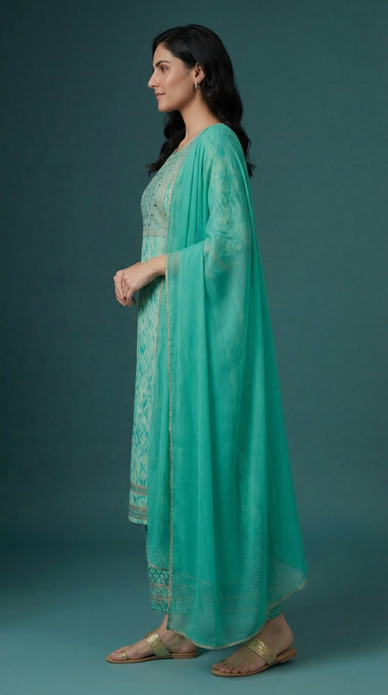 Sea Green Printed & Embroidered Salwar Suit Set with Dupatta for Women | Designer Ethnic Salwar Kameez Set | Festive Traditional Indian Wear