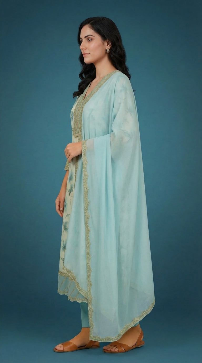 Sky Blue Floral Printed Cotton Silk Salwar Suit Set with Dupatta for Women | Designer Embroidered Ethnic Wear Kurta Salwar Dupatta Set