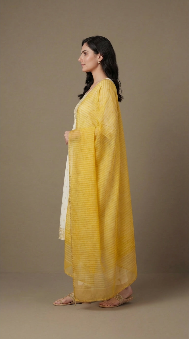 White & Yellow Embroidered Cotton Silk Salwar Suit Set with Dupatta for Women | Designer Ethnic Kurta Salwar Dupatta Set Festive Wear