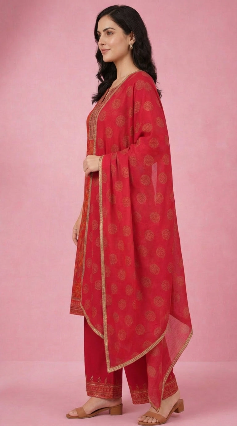 Red Embroidered Salwar Suit Set with Dupatta for Women | Designer Ethnic Kurta Salwar Dupatta Set Festive & Wedding Wear