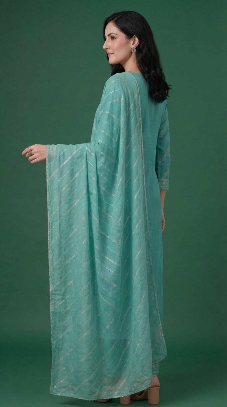 Sea Green Silver Embroidered Salwar Suit Set with Dupatta for Women | Designer Ethnic Kurta Salwar Dupatta Set Festive Wedding Wear