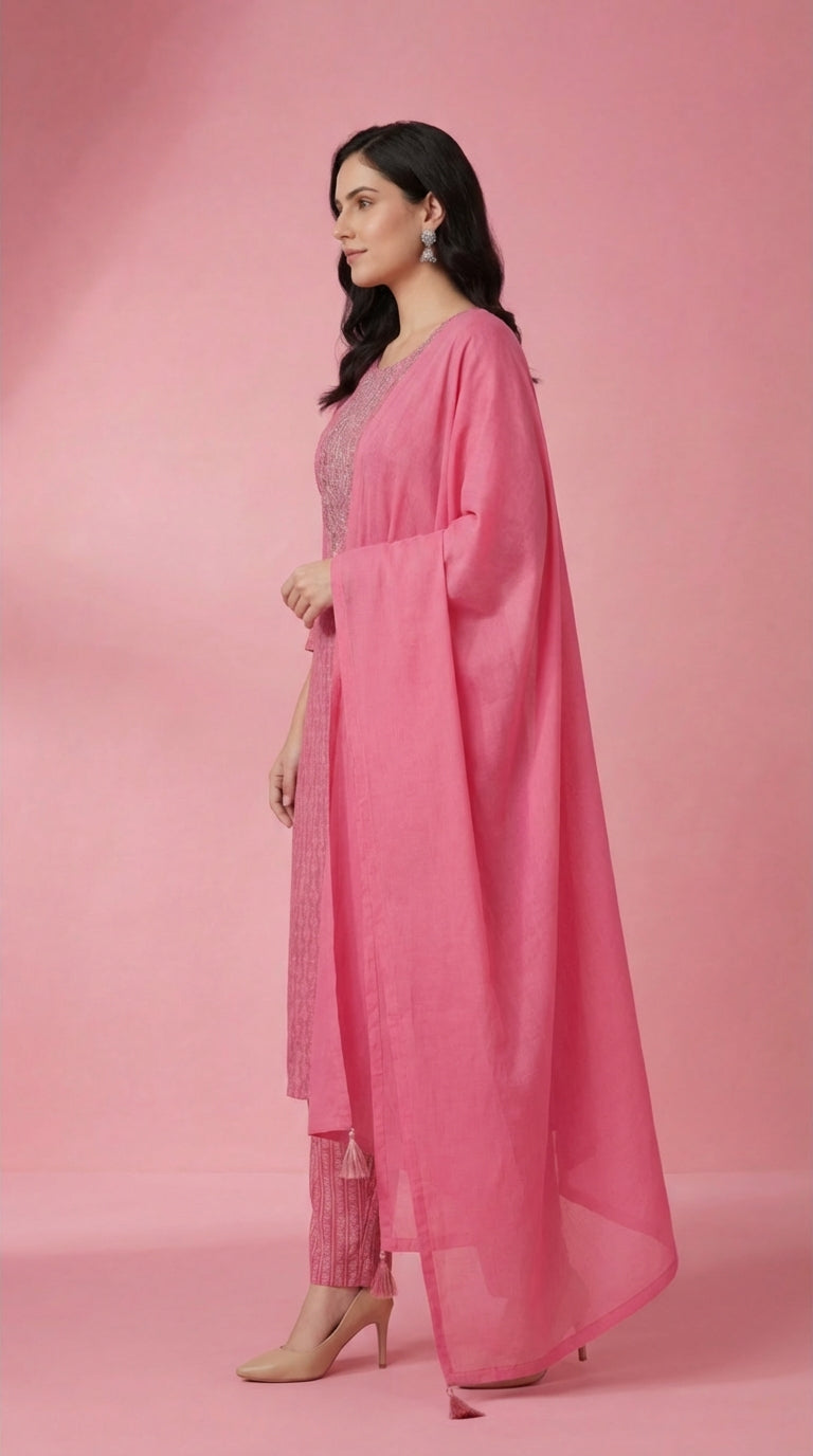 Pink Embroidered Cotton Silk Salwar Suit Set for Women with Dupatta | Designer Ethnic Kurta Salwar Dupatta Set | Festive Wear Traditional Indian Suit