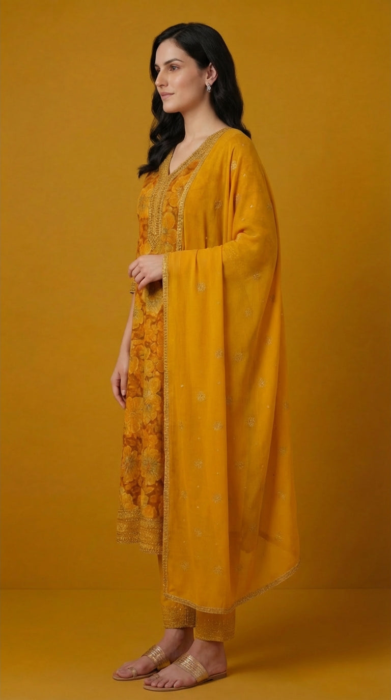 Mustard Yellow Floral Embroidered Cotton Silk Salwar Suit Set for Women with Dupatta | Designer Ethnic Kurta Salwar Dupatta Set | Festive & Wedding Wear