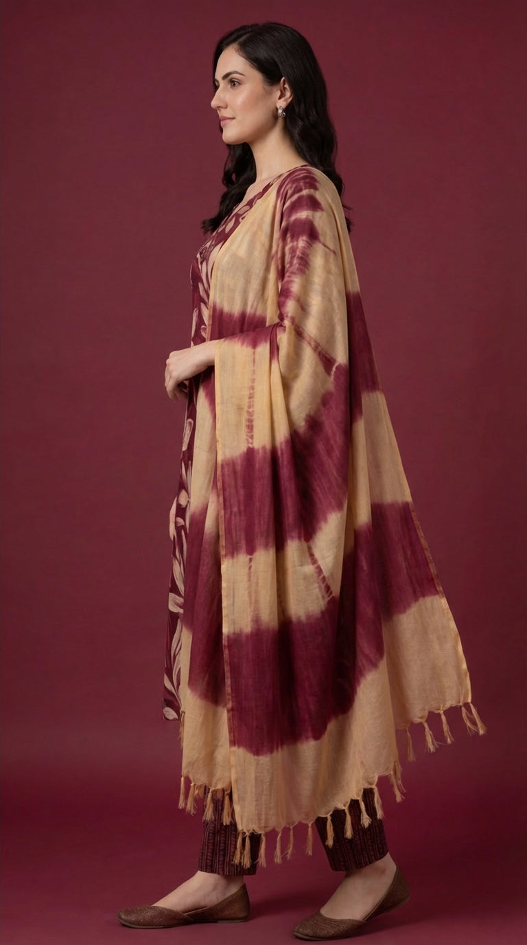 Maroon Floral Printed Cotton Silk Salwar Suit Set for Women with Dupatta | Designer Ethnic Kurta Salwar Dupatta Set | Festive & Casual Wear