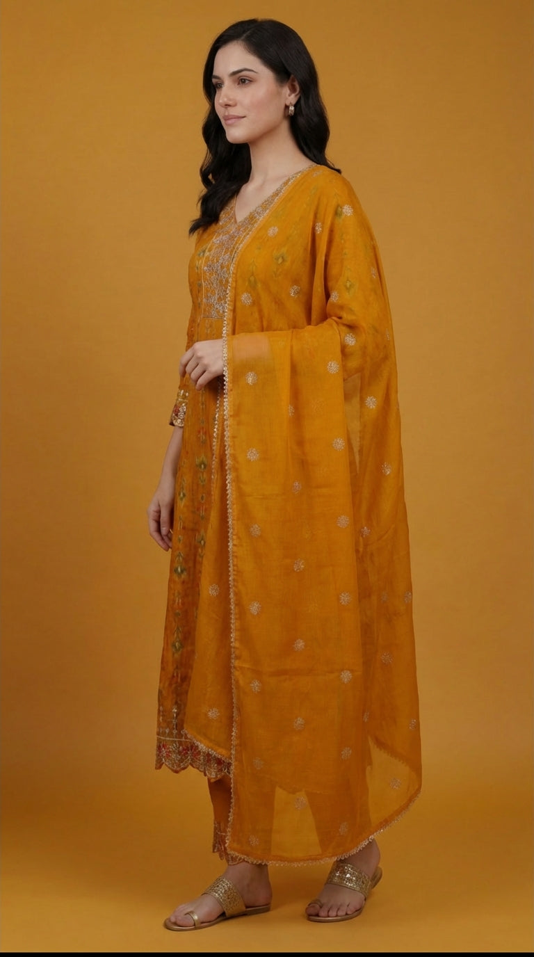 Mustard Yellow Embroidered Cotton Silk Salwar Suit Set for Women with Dupatta | Designer Ethnic Kurta Salwar Dupatta Set | Festive Wear