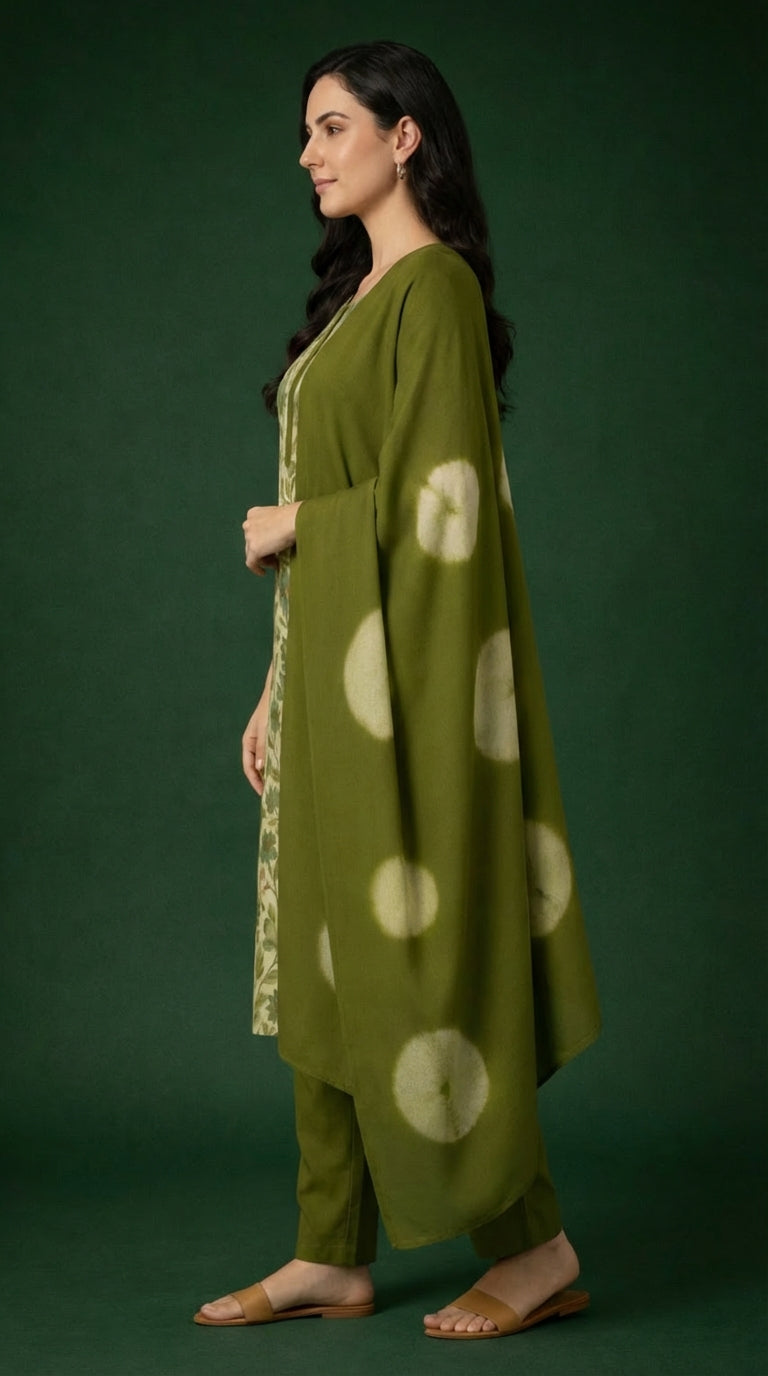 Olive Green Floral Printed Cotton Silk Salwar Suit Set for Women with Dupatta | Designer Ethnic Kurta Salwar Dupatta Set | Traditional Indian Wear
