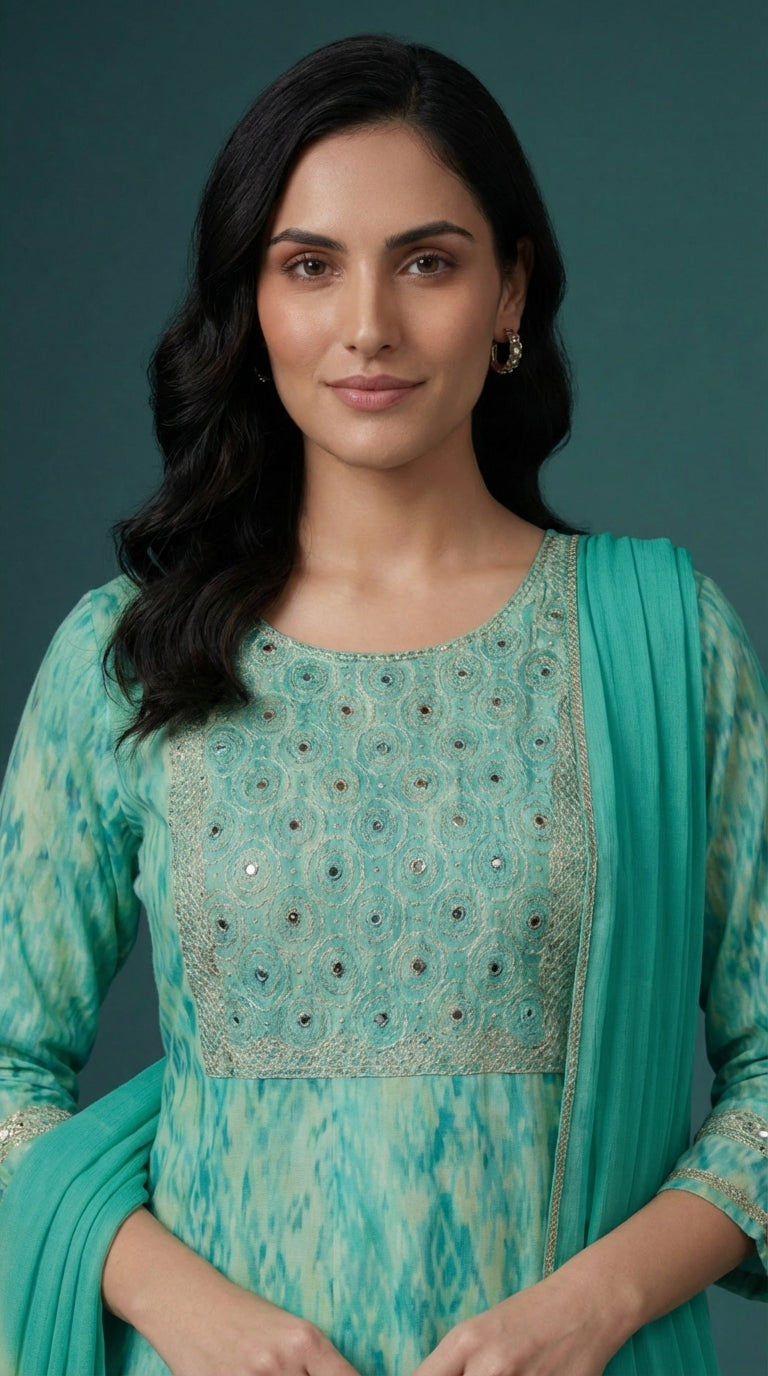 Sea Green Printed & Embroidered Salwar Suit Set with Dupatta for Women | Designer Ethnic Salwar Kameez Set | Festive Traditional Indian Wear