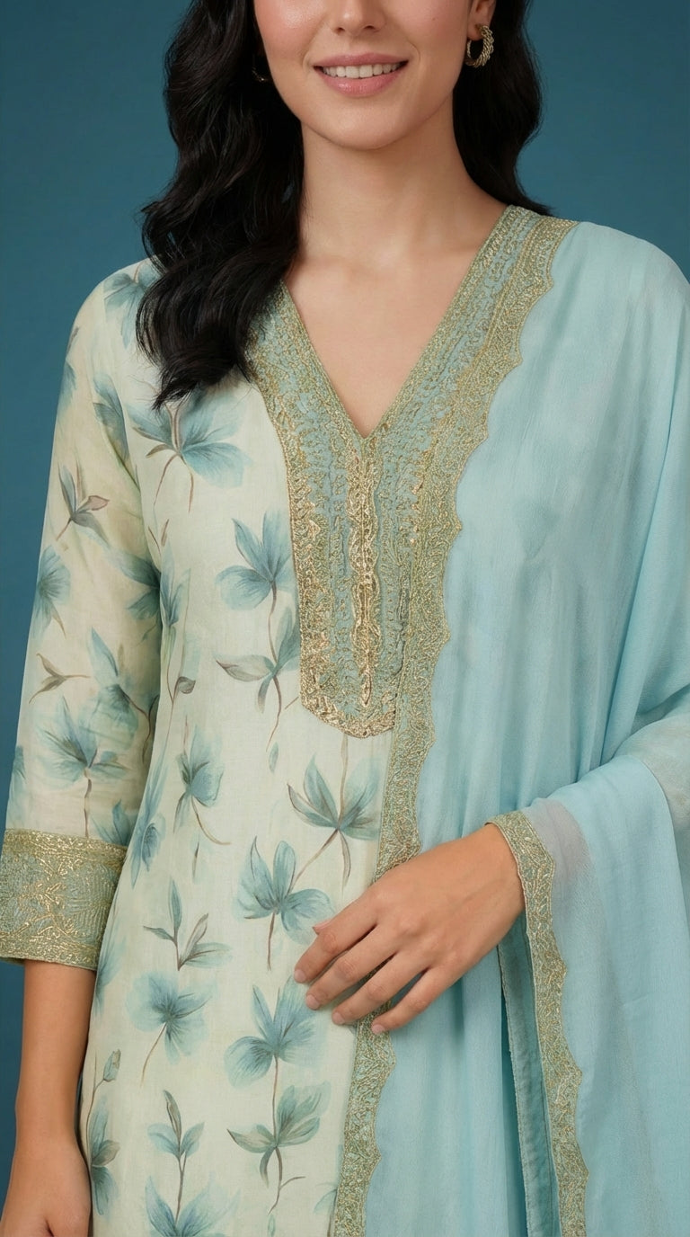 Sky Blue Floral Printed Cotton Silk Salwar Suit Set with Dupatta for Women | Designer Embroidered Ethnic Wear Kurta Salwar Dupatta Set