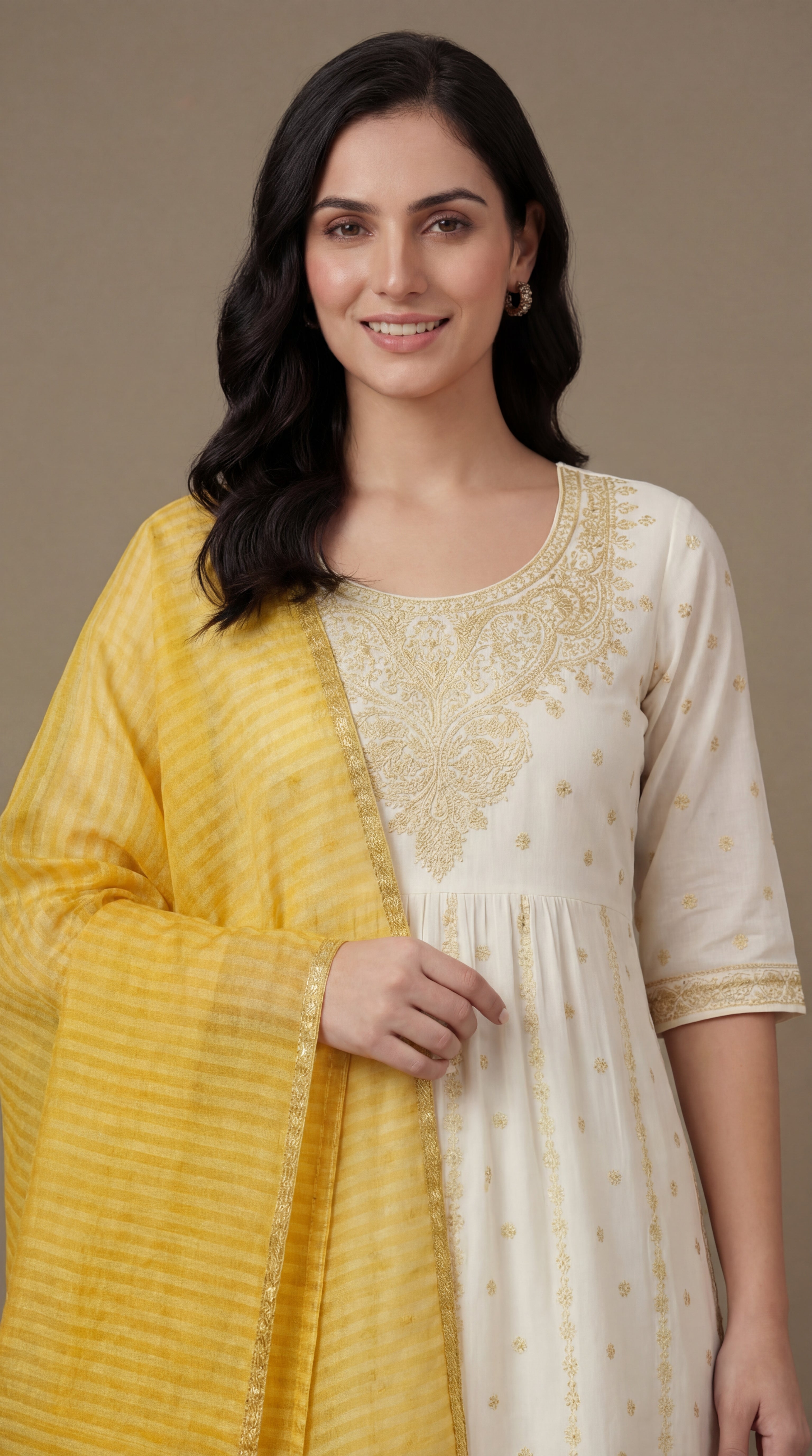 White & Yellow Embroidered Cotton Silk Salwar Suit Set with Dupatta for Women | Designer Ethnic Kurta Salwar Dupatta Set Festive Wear