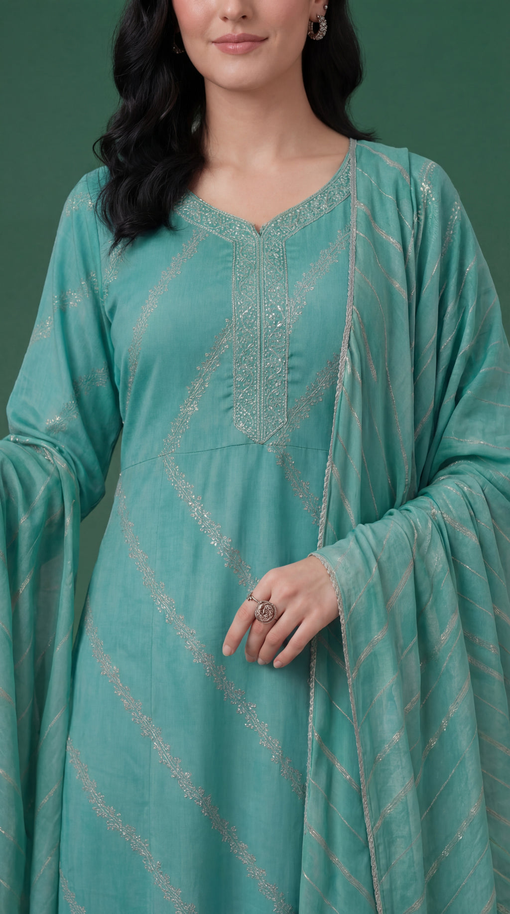 Sea Green Silver Embroidered Salwar Suit Set with Dupatta for Women | Designer Ethnic Kurta Salwar Dupatta Set Festive Wedding Wear
