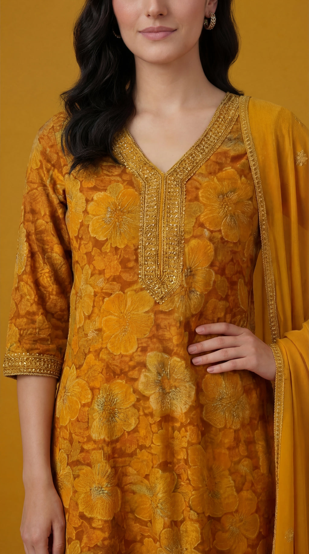 Mustard Yellow Floral Embroidered Cotton Silk Salwar Suit Set for Women with Dupatta | Designer Ethnic Kurta Salwar Dupatta Set | Festive & Wedding Wear