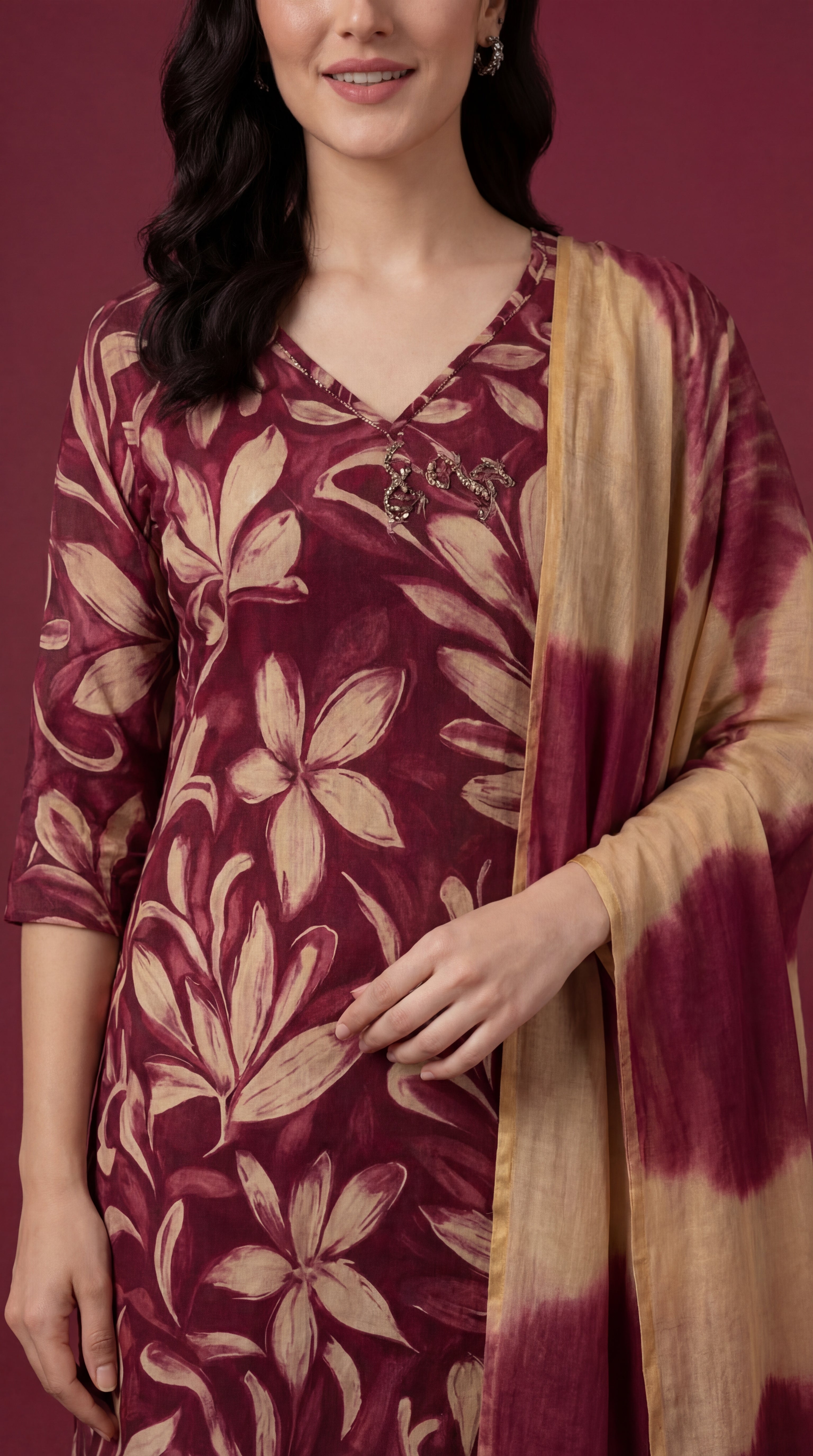 Maroon Floral Printed Cotton Silk Salwar Suit Set for Women with Dupatta | Designer Ethnic Kurta Salwar Dupatta Set | Festive & Casual Wear