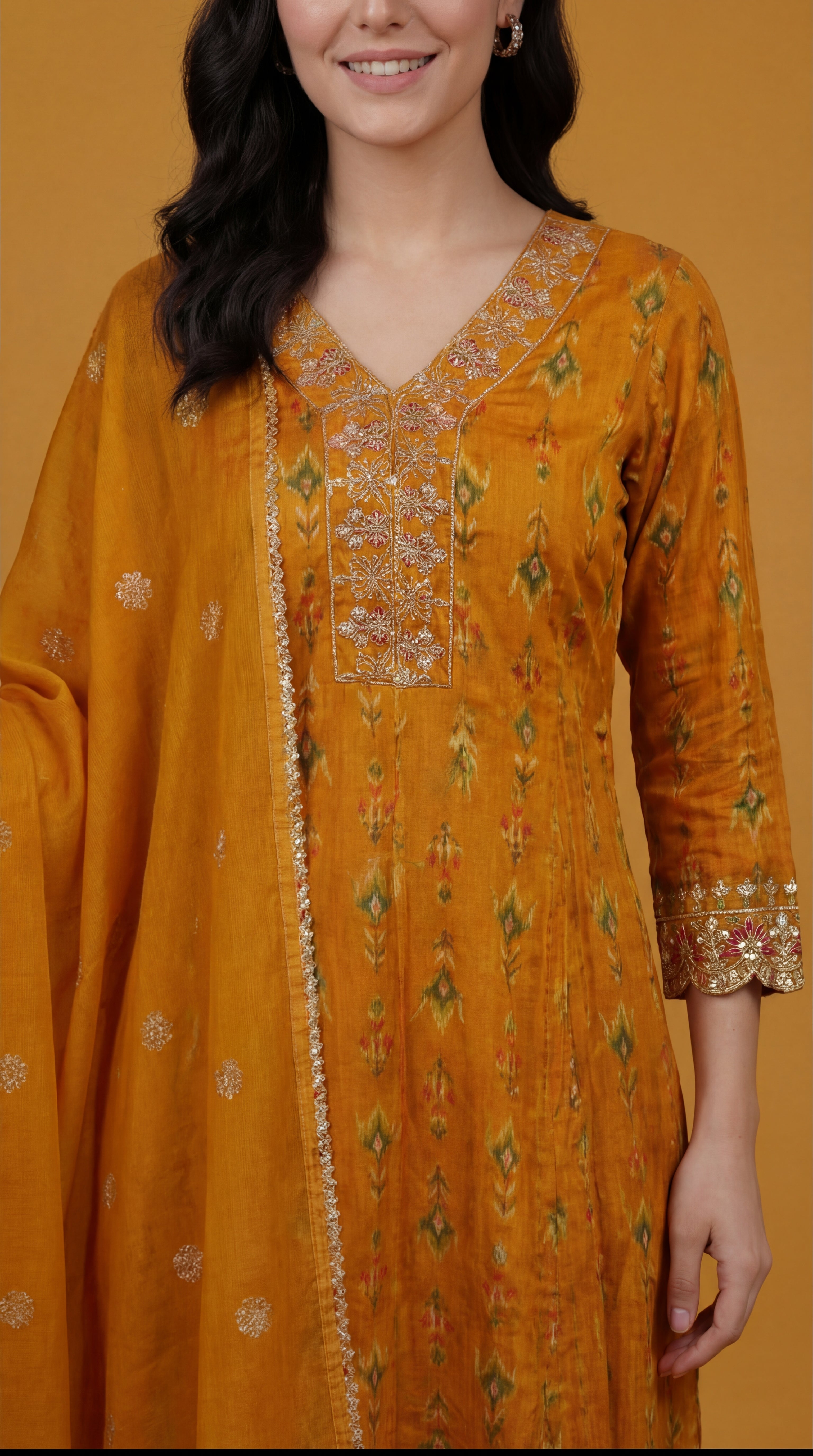 Mustard Yellow Embroidered Cotton Silk Salwar Suit Set for Women with Dupatta | Designer Ethnic Kurta Salwar Dupatta Set | Festive Wear