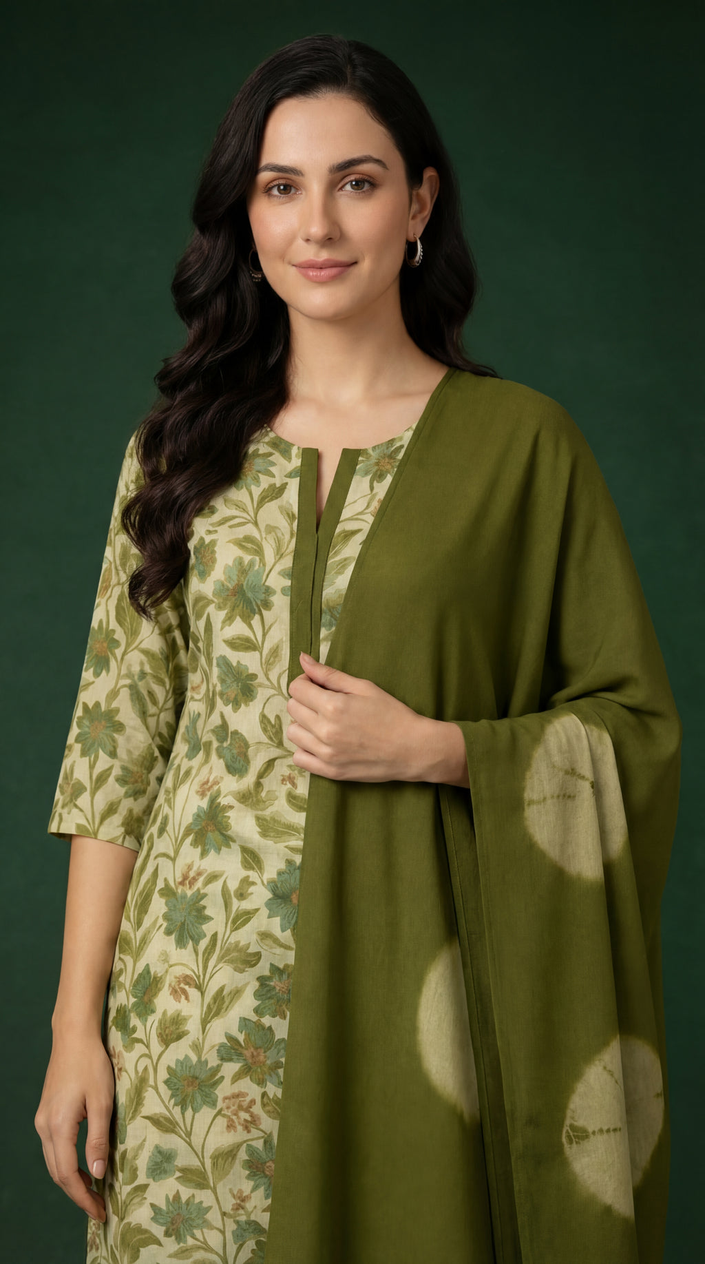 Olive Green Floral Printed Cotton Silk Salwar Suit Set for Women with Dupatta | Designer Ethnic Kurta Salwar Dupatta Set | Traditional Indian Wear