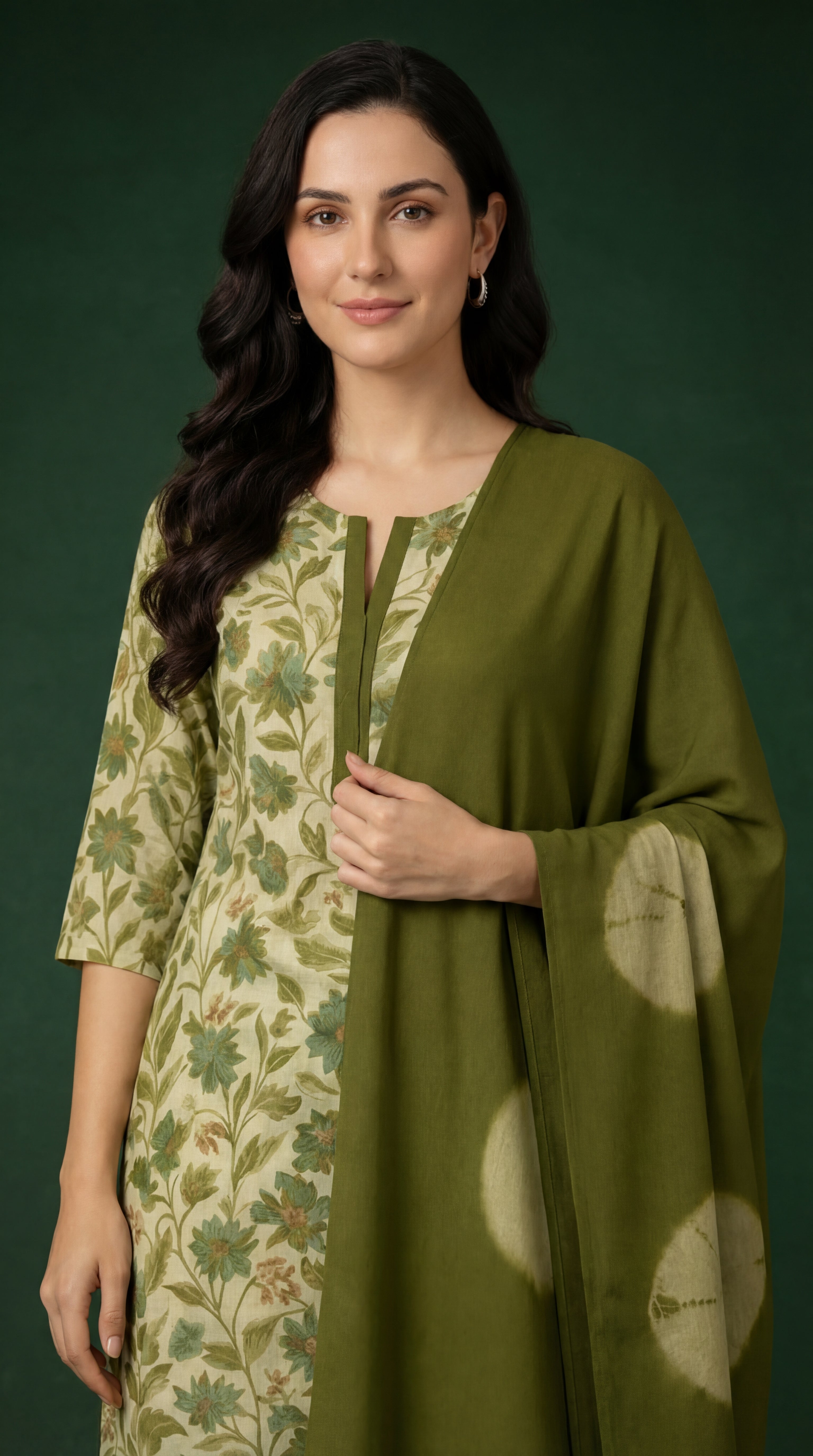 Olive Green Floral Printed Cotton Silk Salwar Suit Set for Women with Dupatta | Designer Ethnic Kurta Salwar Dupatta Set | Traditional Indian Wear