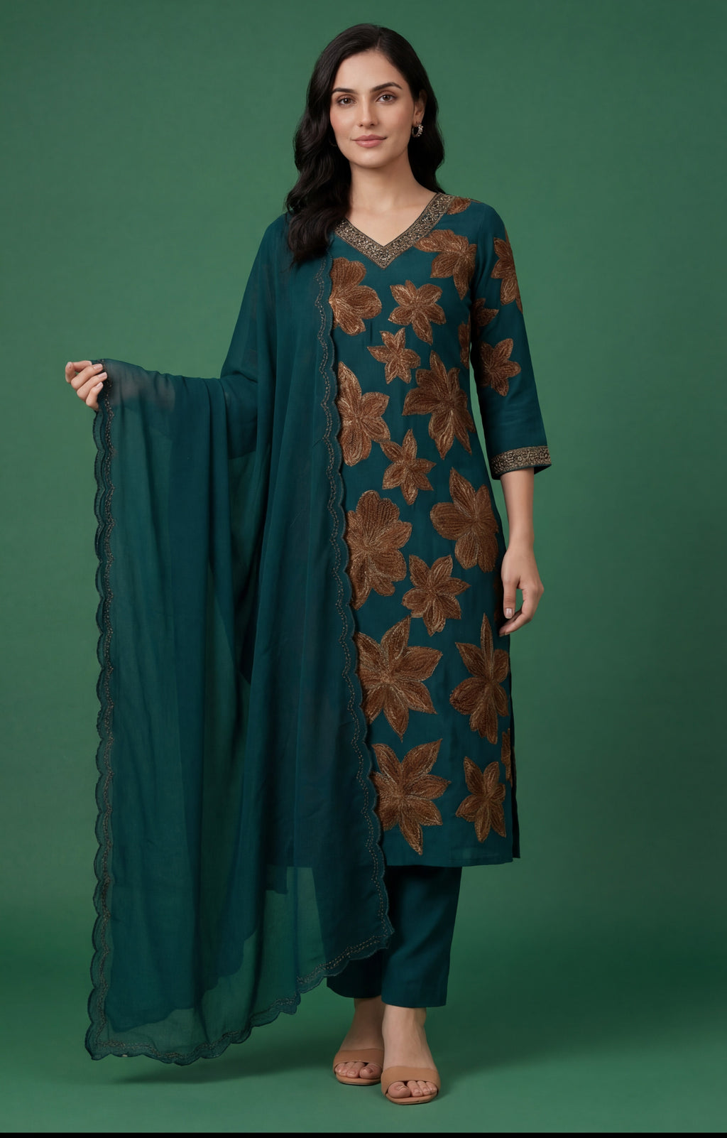 Teal Green Floral Embroidered Cotton Silk Salwar Suit Set with Dupatta for Women | Designer Ethnic Wear
