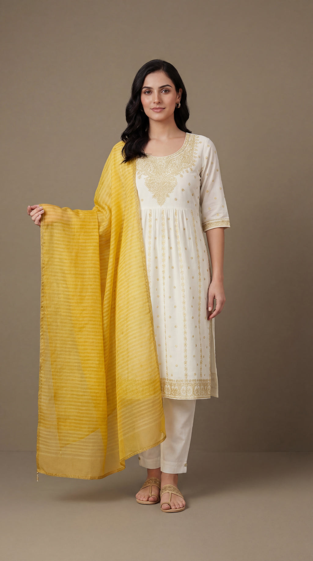 White & Yellow Embroidered Cotton Silk Salwar Suit Set with Dupatta for Women | Designer Ethnic Kurta Salwar Dupatta Set Festive Wear